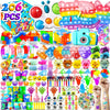 A colorful party pack of sensory fidget toys and stickers for kids featuring various pop-it toys, squishy items, and stickers