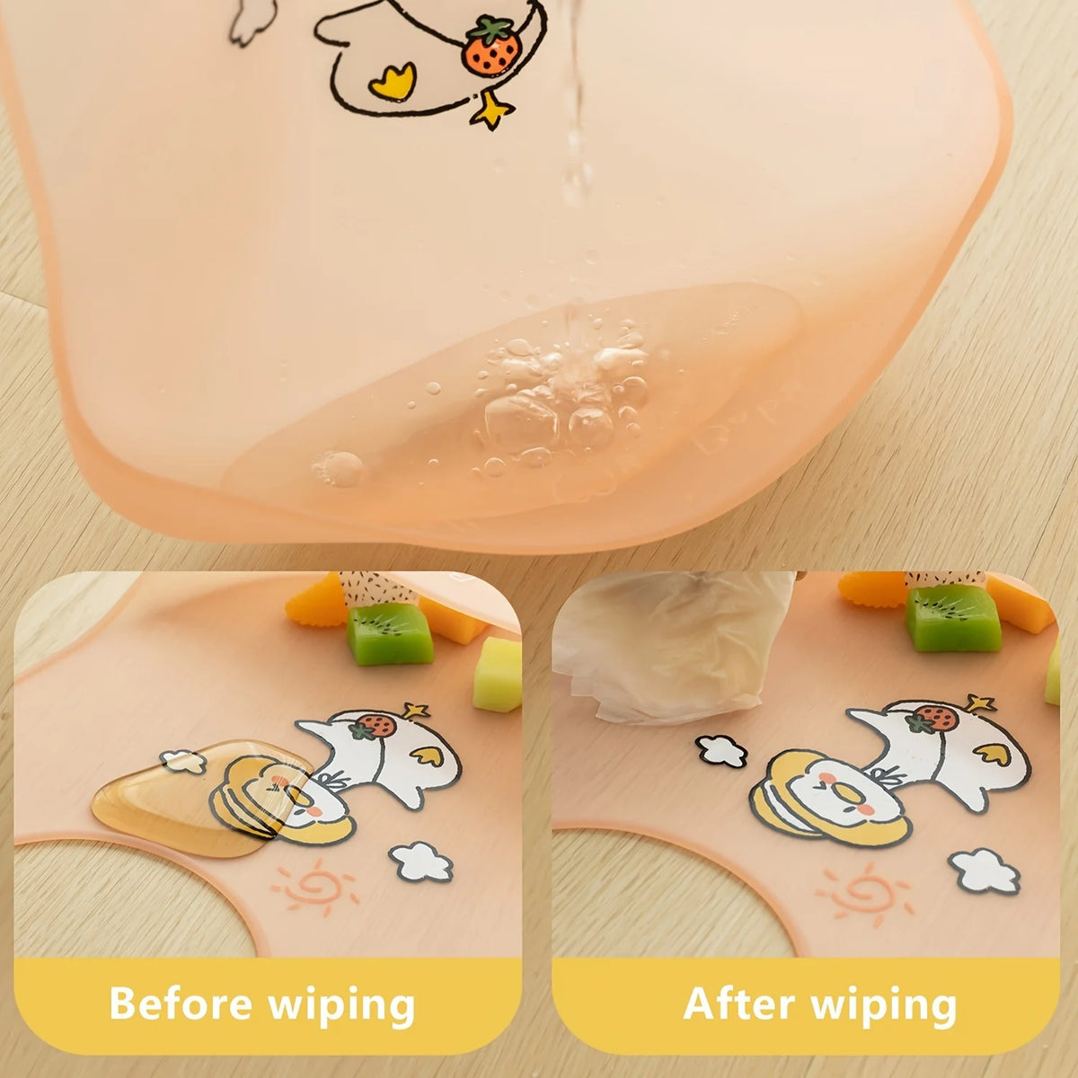 A soft silicone baby bib with a cute cartoon animal print showing before and after wiping.