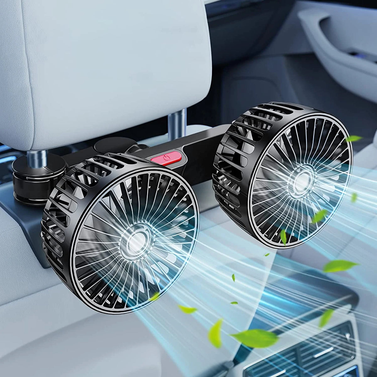 A dual-head car seat cooling fan with adjustable neck is shown in a close-up, demonstrating airflow onto a surface.