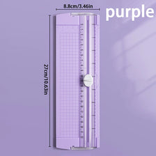 A purple A4 mini paper trimmer with a precision cutter and ruler markings.
