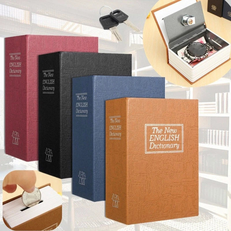 Colección de tres libros de diccionario en tapa dura, en rojo, negro y azul, con primer plano de un libro abierto