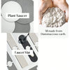 A collection of gray and white diatomaceous earth mats, including a plant saucer and a faucet mat.