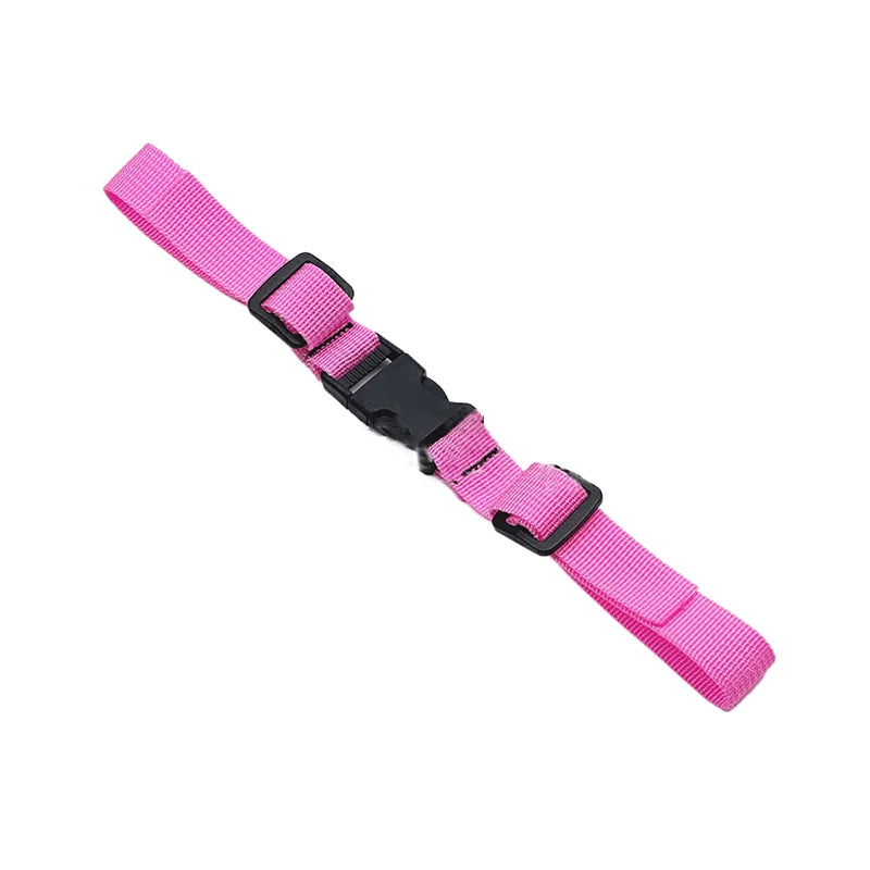 Pink adjustable backpack chest strap with black buckle and webbing