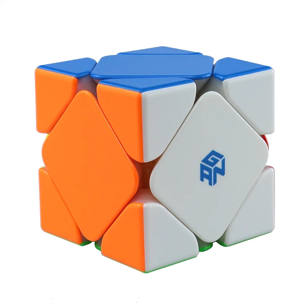 A colorful magnetic speed cube made of plastic pieces in orange, blue, and white.