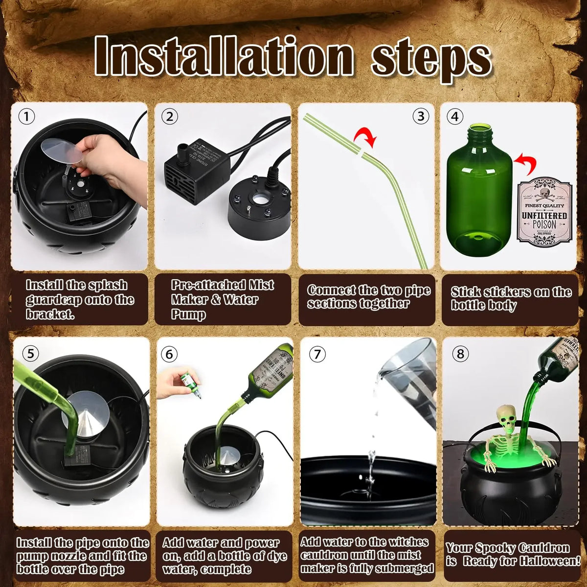 Installation steps for an LED Fog-Mist Halloween Cauldron with Floating Potion Effect.