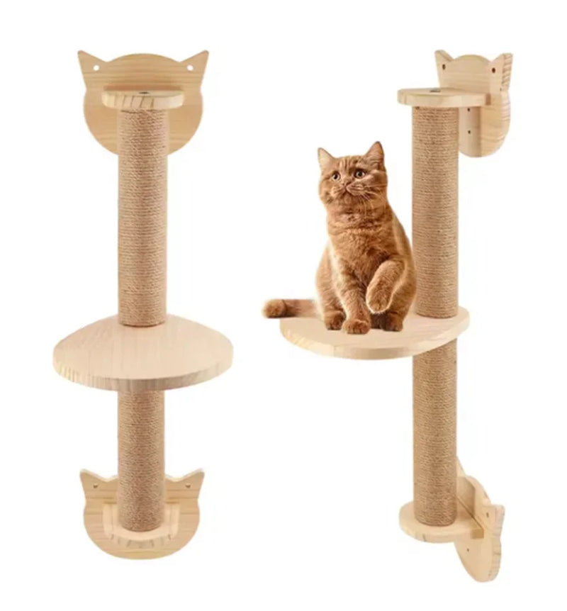 Wall-Mounted Wooden Cat Climbing Shelf with Sisal Scratching Post