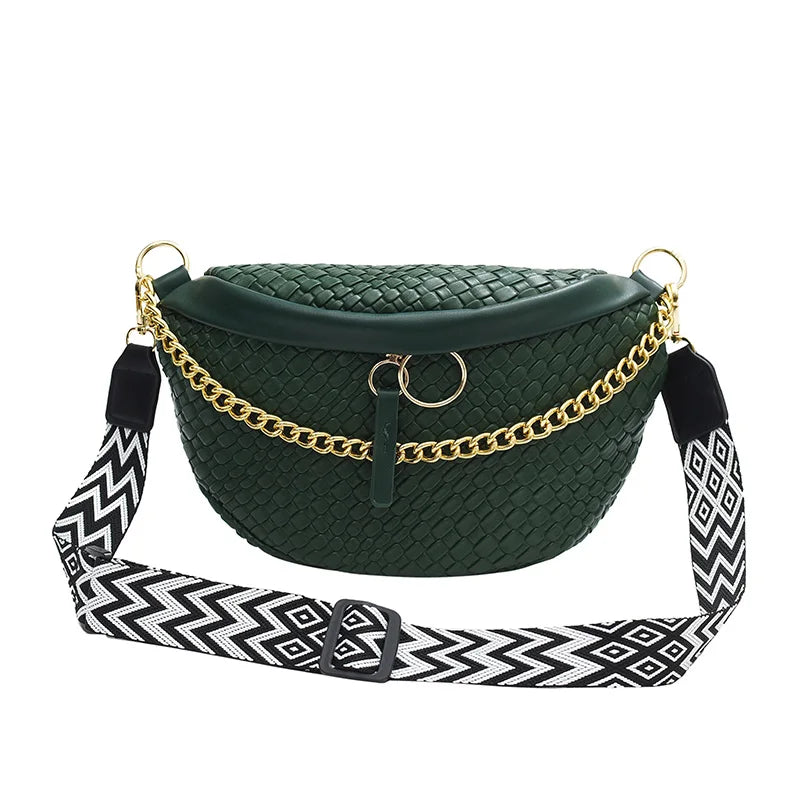 A dark green woven pattern waist bag with a gold chain strap is shown against a white background.