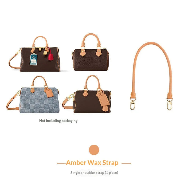 Three brown and gray synthetic leather handbags with amber wax straps displayed against a white background.