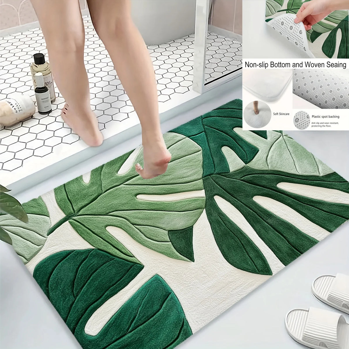 A tropical green leaf print non-slip area rug is shown on a floor, with a person's legs standing nearby.