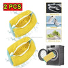 Two yellow reusable shoe laundry bags with bristled brushes shown next to a washing machine.