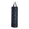 Black fabric wall-mounted plastic bag dispenser and organizer with a drawstring top