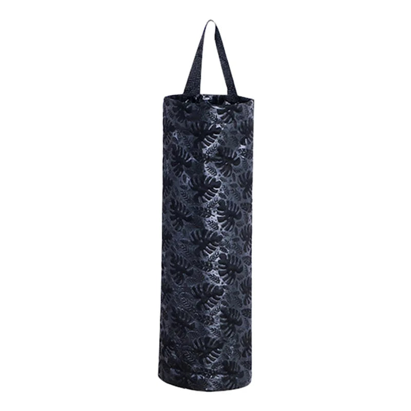 Black fabric wall-mounted plastic bag dispenser and organizer with a drawstring top