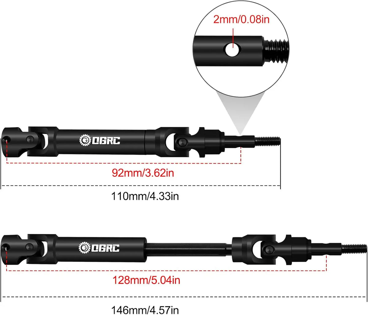 A set of heavy-duty steel CVD drive shafts for RC trucks, shown in black and with various lengths.