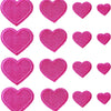 A collection of twenty-four pink embroidered heart iron-on patches in various sizes.