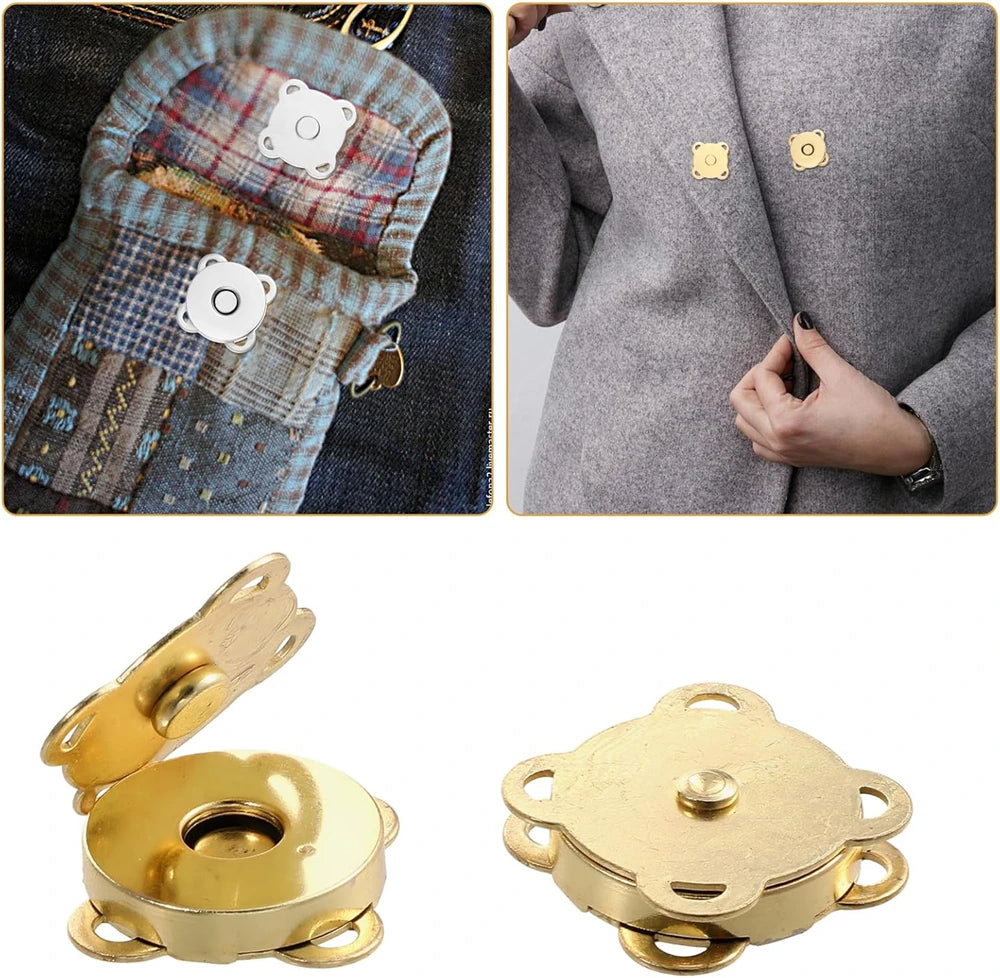 Un juego de cierres magnéticos metálicos dorados para asegurar bolsos y ropa.
