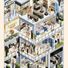 A detailed illustration of a luxury mall interior featuring various shops, displays, and people.