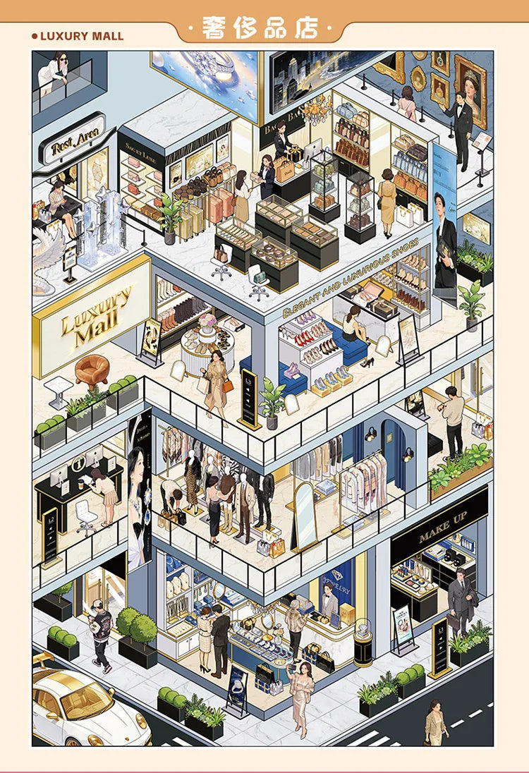A detailed illustration of a luxury mall interior featuring various shops, displays, and people.