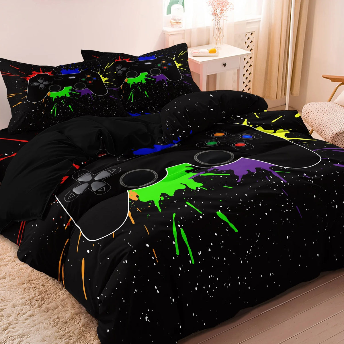 Black duvet cover set featuring a gamer theme with controller and keyboard print