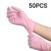A hand wearing a pink disposable nitrile glove is shown, with the text 50PCS visible.