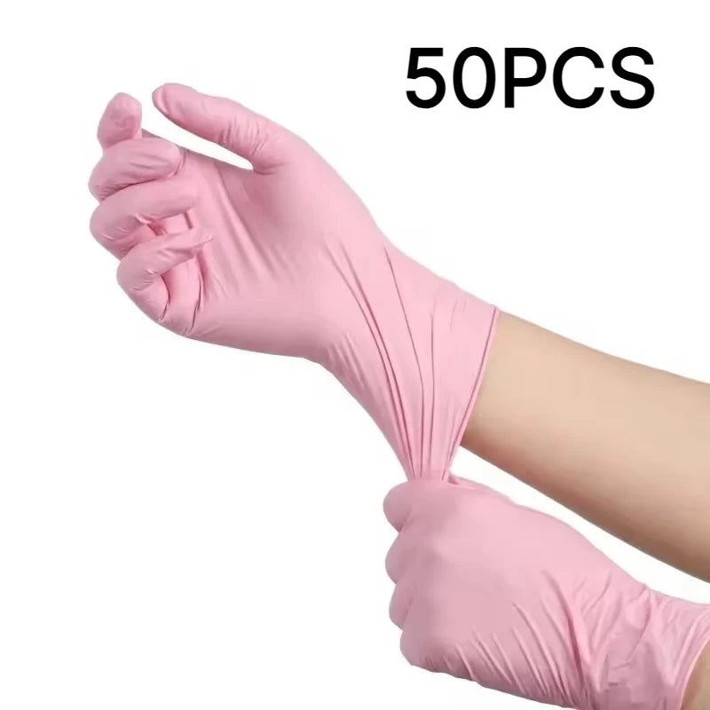 A hand wearing a pink disposable nitrile glove is shown, with the text 50PCS visible.