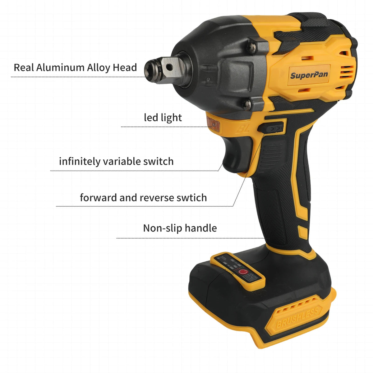 A yellow and black cordless impact wrench with a SuperPan head and various switches is shown.