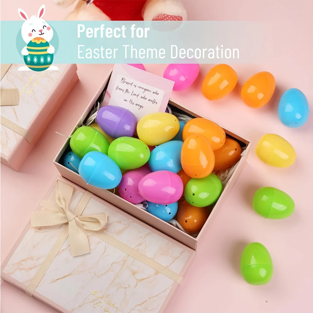 A box filled with colorful plastic Easter eggs in various shades of green, yellow, orange, and blue.