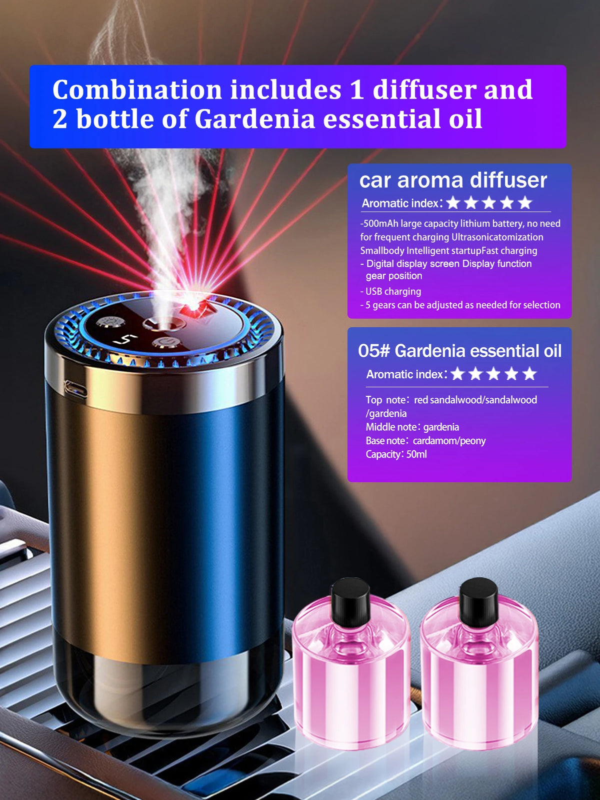 Diffuseur d'arômes portable USB pour voiture avec bouteilles d'huiles essentielles et écran.