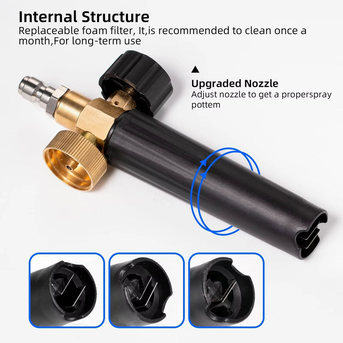 Black foam cannon with an upgraded nozzle and replaceable foam filter for car washing