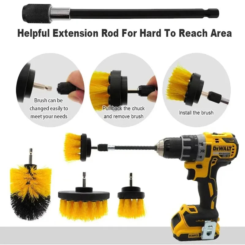 A set of three yellow and black scrubbing brushes and an extension rod for reaching hard-to-reach areas.
