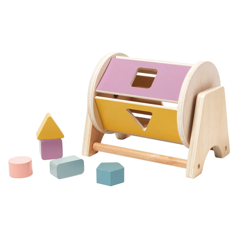 Wooden baby rattle bell with a soothing ring featuring purple and yellow colored blocks.