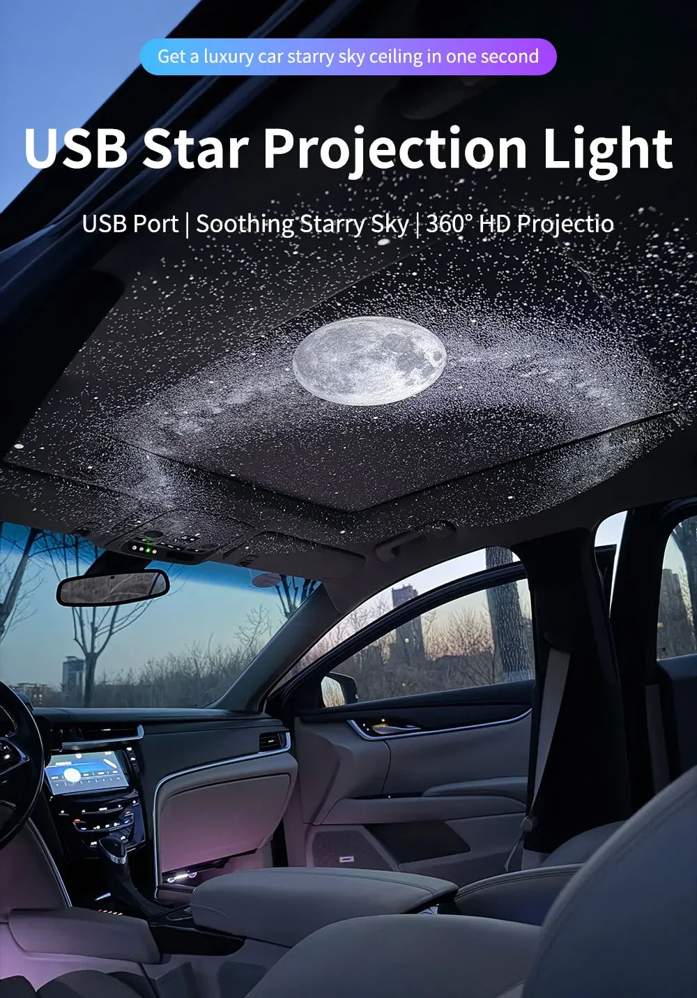 USB Star Projection Light illuminating the car ceiling with a starry night effect.