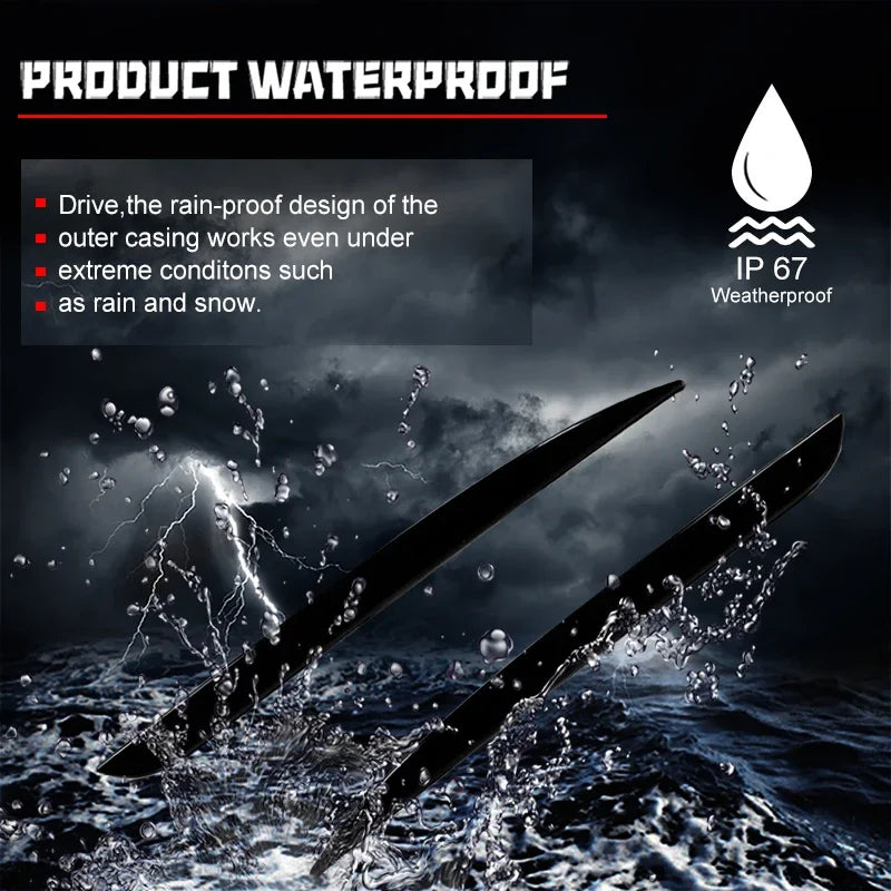 A close-up of two black rear bumper reflector light covers being splashed by water in a rough sea environment.