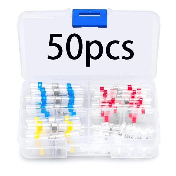 A clear plastic box containing 50 pieces of waterproof self-soldering wire connectors in various colors.