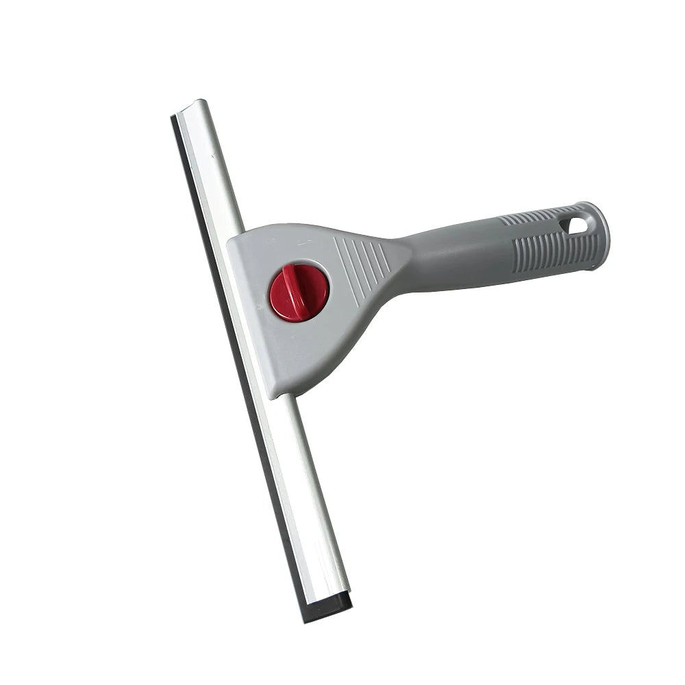 A silver and gray multi-purpose glass cleaning squeegee with a silicone blade and red switch.