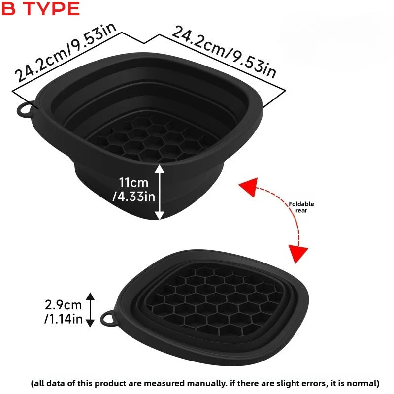 Black foldable silicone ice bath and facial massage bowl with a hexagonal grid pattern
