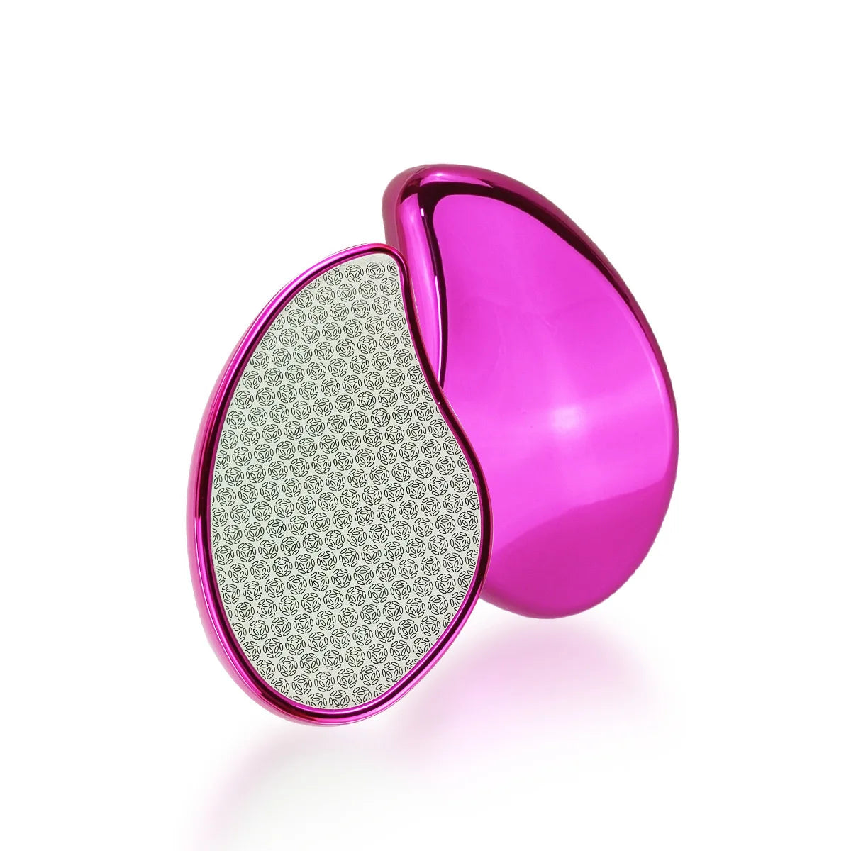 A pink glass hair remover device with a clear textured head, shown against a white background.