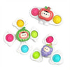 A set of baby suction cup spinner toys with rattling sensory beads in various colors like pink, yellow, and green.