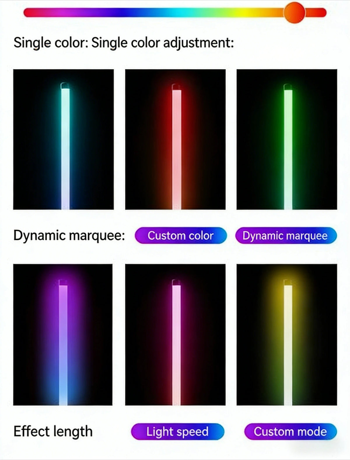 Demonstration of single color adjustment and dynamic marquee effects on an RGB LED floor lamp.
