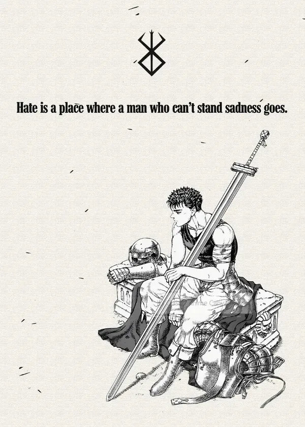 A black and white line drawing featuring a man with a sword sitting amidst scattered debris, with text above.