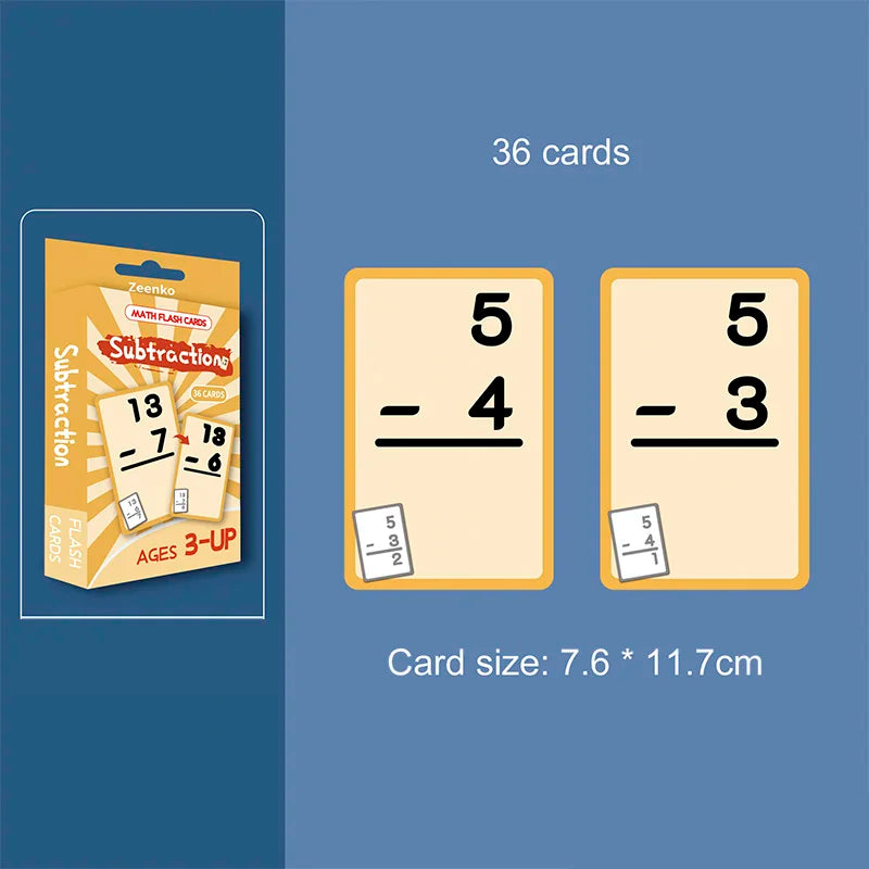 A set of 36 yellow math flash cards for subtraction practice, showing examples like 5 minus 4 and 5 minus 3.