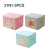 Three colorful storage boxes with cute animal designs in pink, gray, and light blue.
