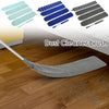 A gray dust cleaner brush is shown sweeping across a wooden floor, with various colored microfiber cleaning heads displayed a