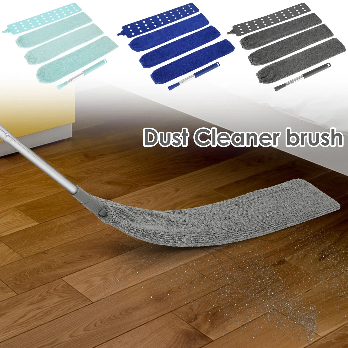 A gray dust cleaner brush is shown sweeping across a wooden floor, with various colored microfiber cleaning heads displayed a