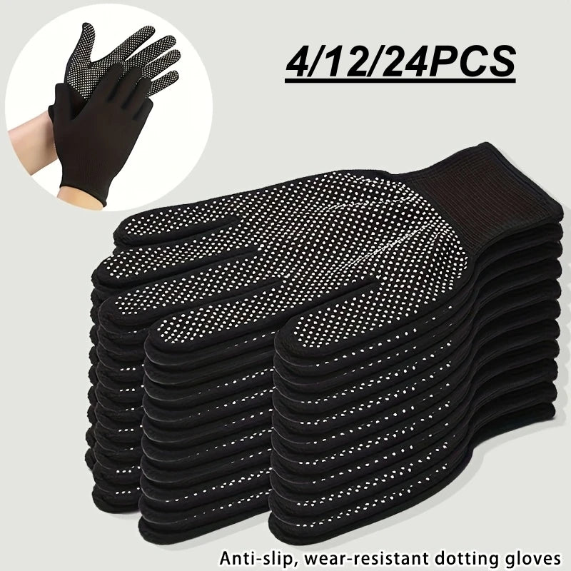 A stack of black anti-slip, wear-resistant dotted gripping gloves is shown with a close-up of one glove.