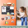 A girl is placing round magnets onto an orange refrigerator door for a DIY decoration project.