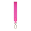 Pink nylon wristlet keychain strap with a metal clasp.