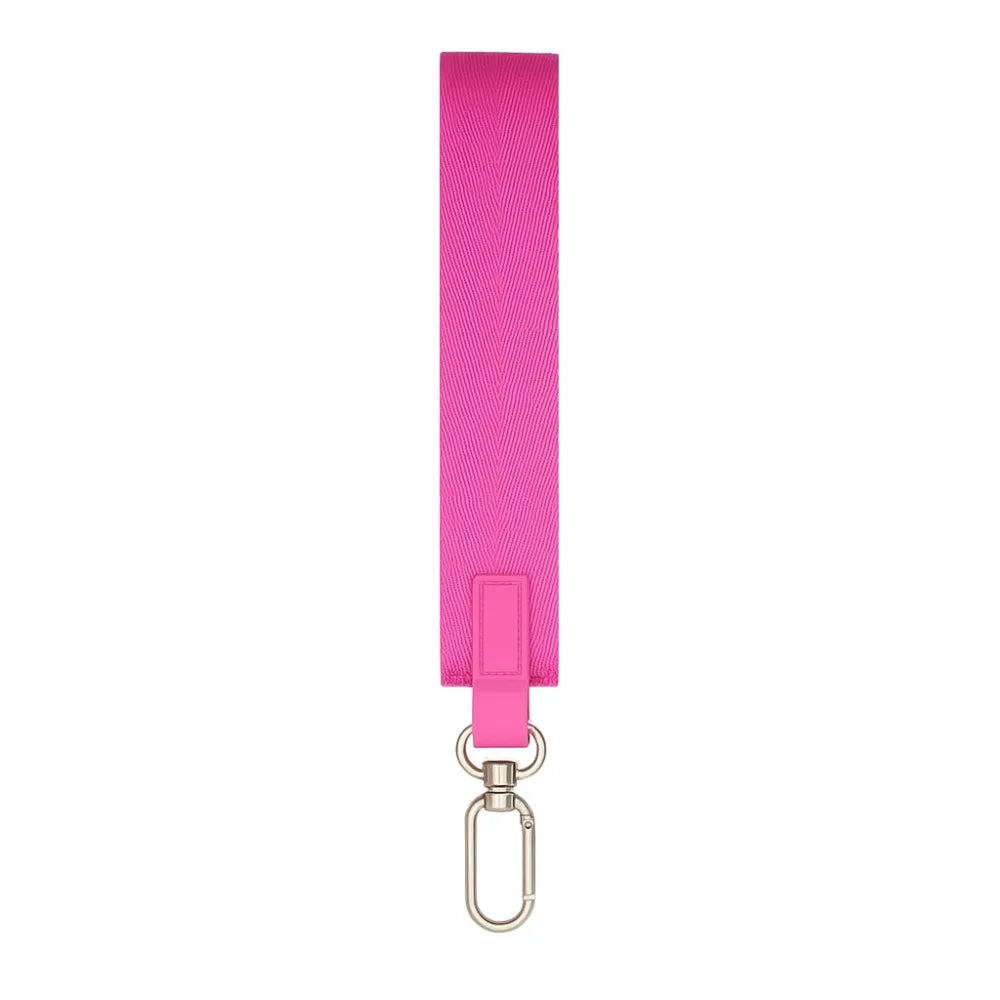 Pink nylon wristlet keychain strap with a metal clasp.