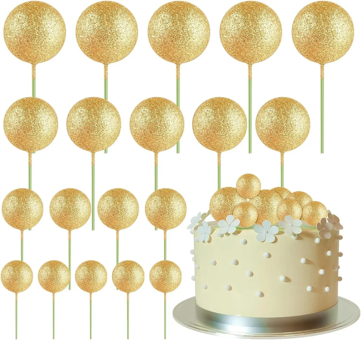 Eine Sammlung von zwanzig goldenen Glitzer-Ball-Kektoppern auf Stäbchen zur Dekoration.