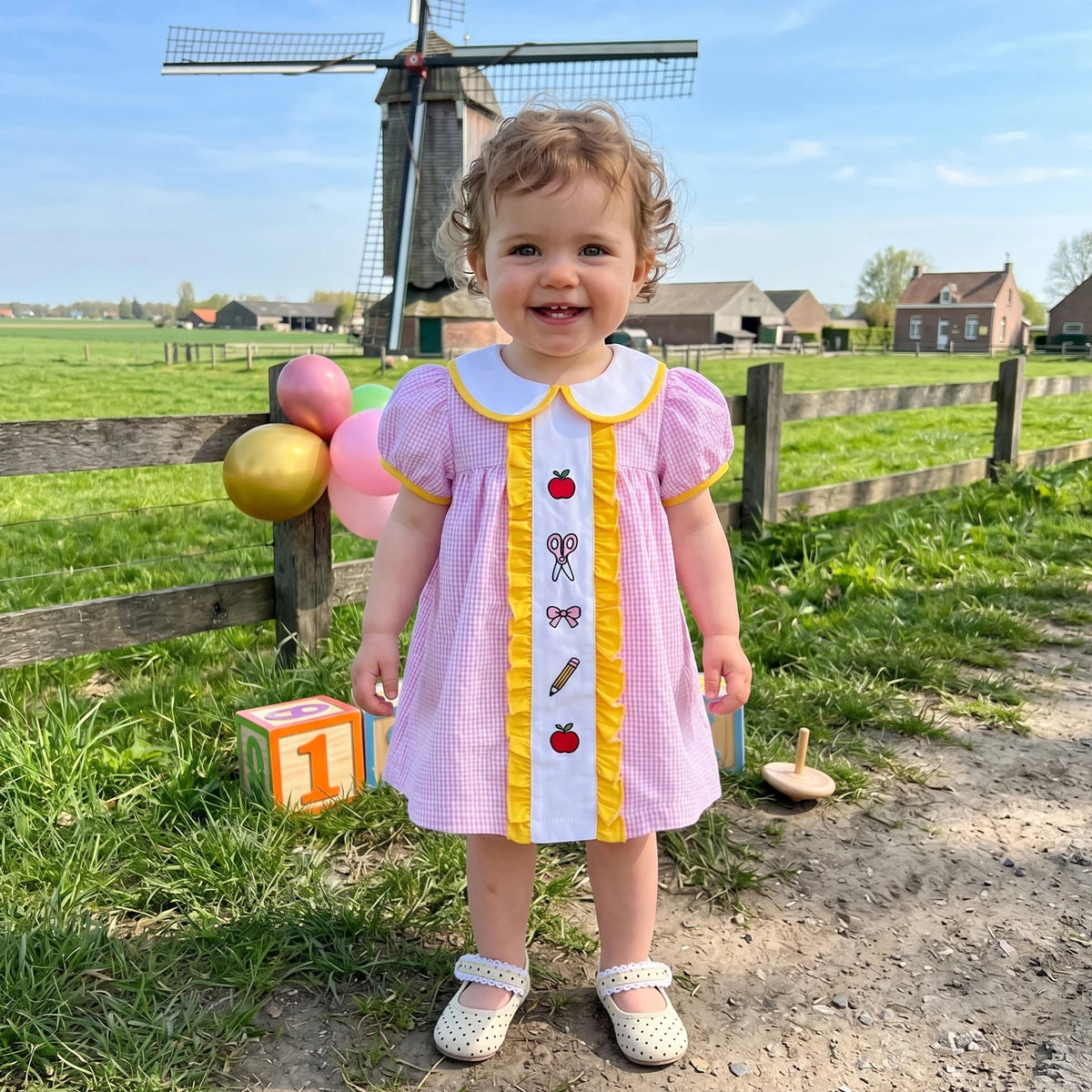 Girls Embroidered Plaid A-Line Dress with Peter Pan Collar
