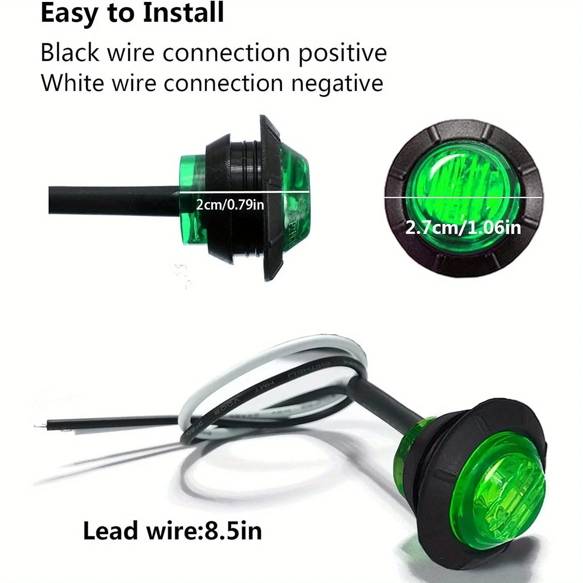 Black and white wire connection positive and negative for a compact LED side marker light.